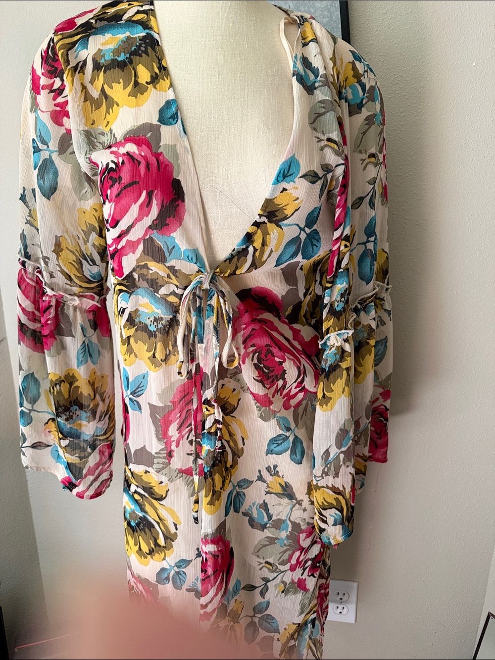Band of Gypsies Cream Floral Tie-Front Tunic with Pink, Yellow & Teal Accents